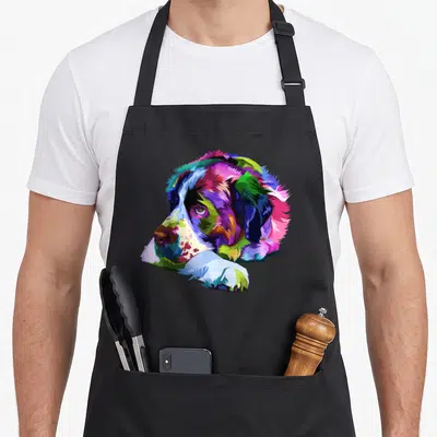 Tablier de cuisine noir avec portrait Saint Bernard en pop art multicolore aux teintes vives et stylisées.