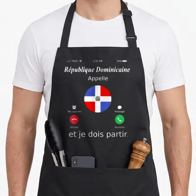 Tablier de cuisine noir avec une interface de téléphone affichant l'appel de la République Dominicaine et le drapeau du pays au centre.
