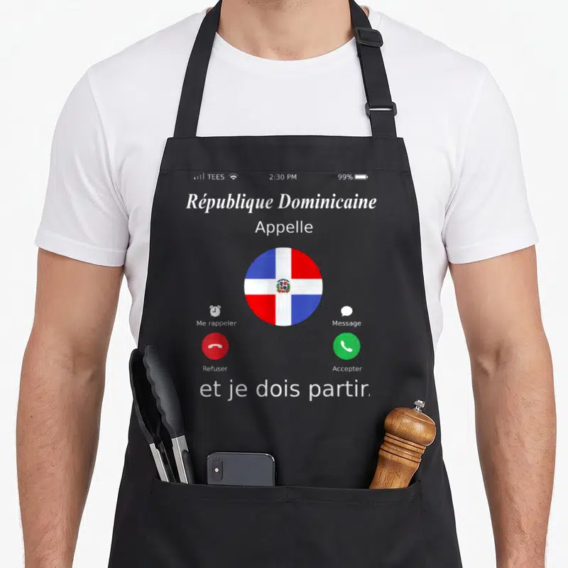 Tablier de cuisine noir avec une interface de téléphone affichant l'appel de la République Dominicaine et le drapeau du pays au centre.