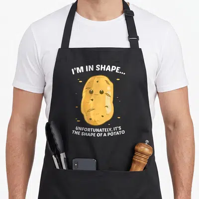 Tablier de cuisine noir avec une illustration de patate et le texte I'm In Shape Unfortunately It's The Shape Of a Potato
