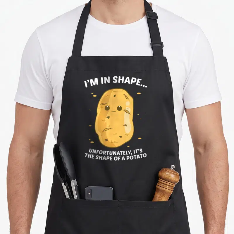 Tablier de cuisine noir avec une illustration de patate et le texte I'm In Shape Unfortunately It's The Shape Of a Potato