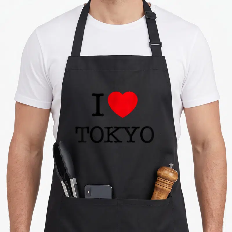 Tablier de cuisine noir avec le texte I Love Tokyo et un cœur rouge au centre.