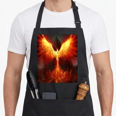 Tablier de cuisine noir avec un phoenix aux ailes de feu s'élevant devant une montagne sombre.