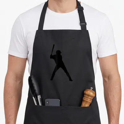 Tablier de cuisine noir avec silhouette d'un joueur de baseball tenant une batte en position de frappe.