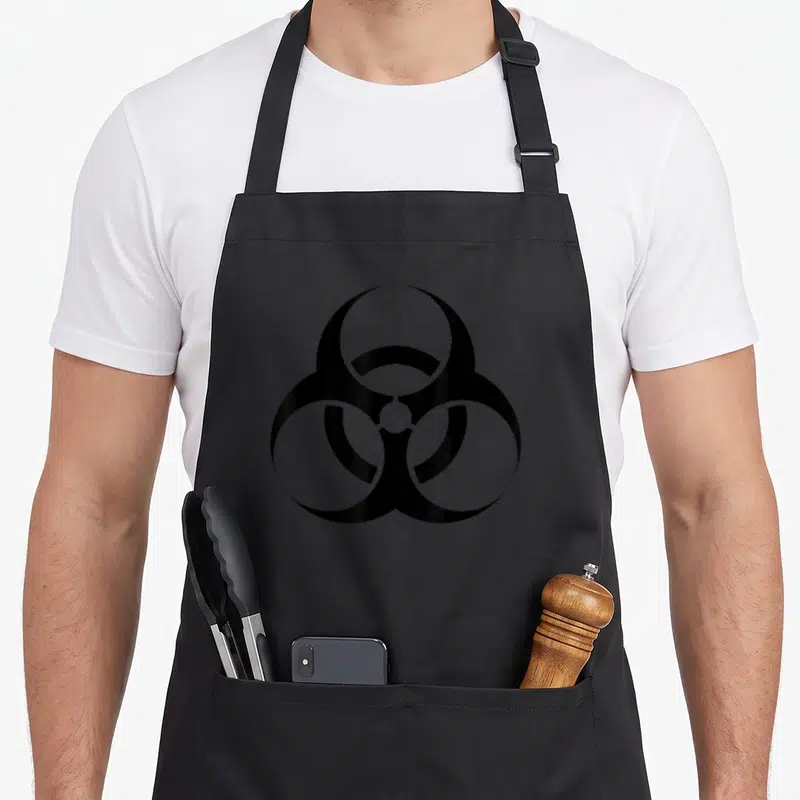 Tablier de cuisine noir avec le symbole universel de danger biologique imprimé en grand au centre.