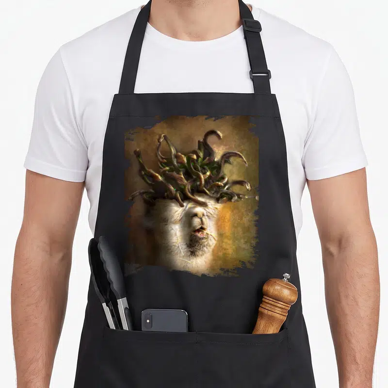 Tablier de cuisine noir avec une illustration de tête de lapin portant des serpents sur le crâne, style Méduse.