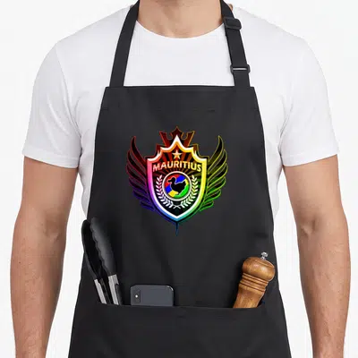 Tablier de cuisine noir avec un blason aux couleurs vives représentant l'oiseau national et le mot Mauritius surmonté d'une couronne.