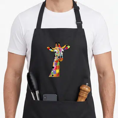 Tablier de cuisine noir avec tête de girafe aux couleurs vives et motifs géométriques multicolores.