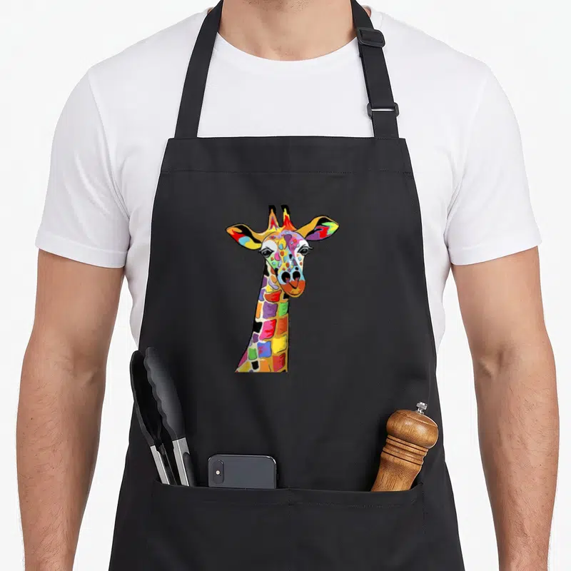 Tablier de cuisine noir avec tête de girafe aux couleurs vives et motifs géométriques multicolores.