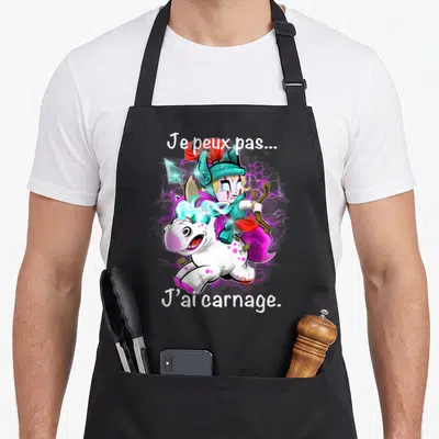 Tablier de cuisine noir avec une Valkyrie sur licorne et le texte Je peux pas J'ai carnage.