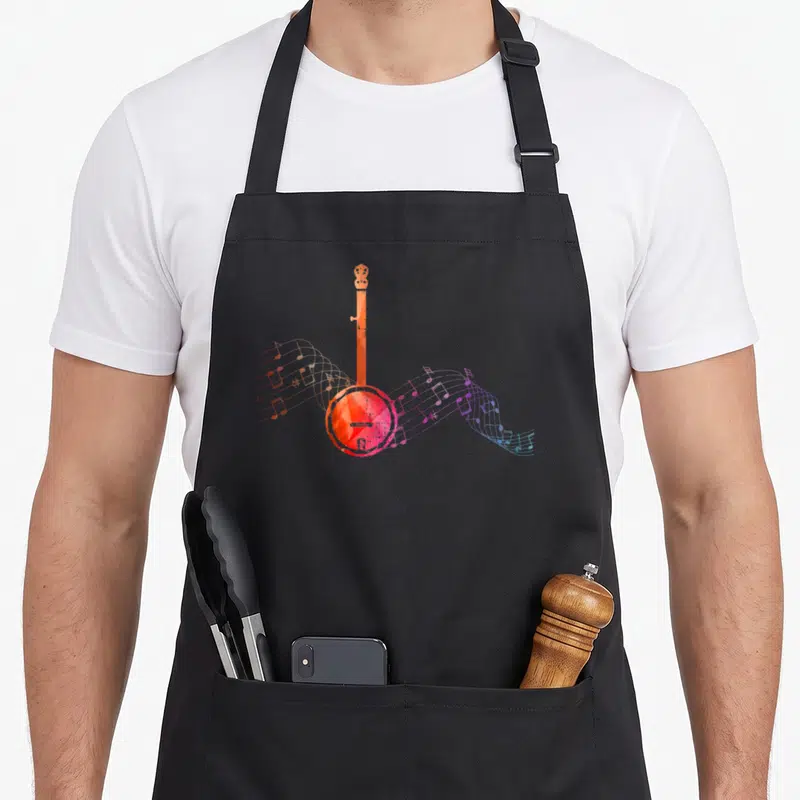 Tablier de cuisine noir avec illustration d'un banjo orange et de partitions musicales colorées s'écoulant en courbe.