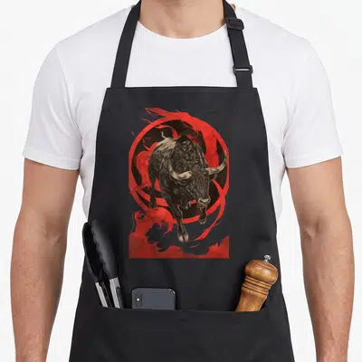 Tablier de cuisine noir avec illustration d'un taureau noir fendant l'air entouré de flammes rouges stylisées.