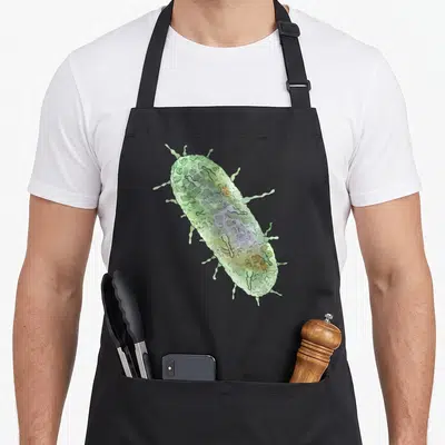 Tablier de cuisine noir avec illustration détaillée d'une bactérie verte Yersinia Pestis aux appendices filiformes.