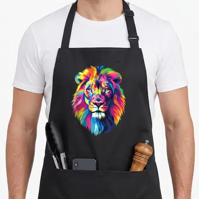 Tablier de cuisine noir avec tête de lion multicolore style pop art astrologie