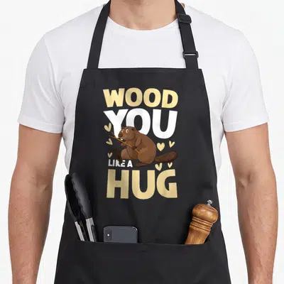 Tablier de cuisine noir avec illustration d'un castor tenant des branches et texte Wood You Like A Hug.