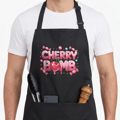 Tablier de cuisine noir avec l'inscription Cherry Bomb en lettres roses et une cerise centrale.