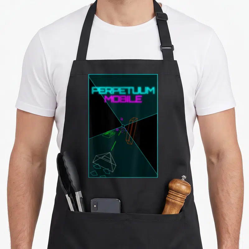 Tablier de cuisine noir avec illustration géométrique Perpetuum Mobile aux couleurs néon cyan et magenta.