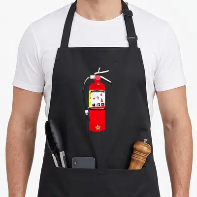 Tablier de cuisine noir avec un extincteur rouge imprimant des instructions humoristiques et une étoile dorée.