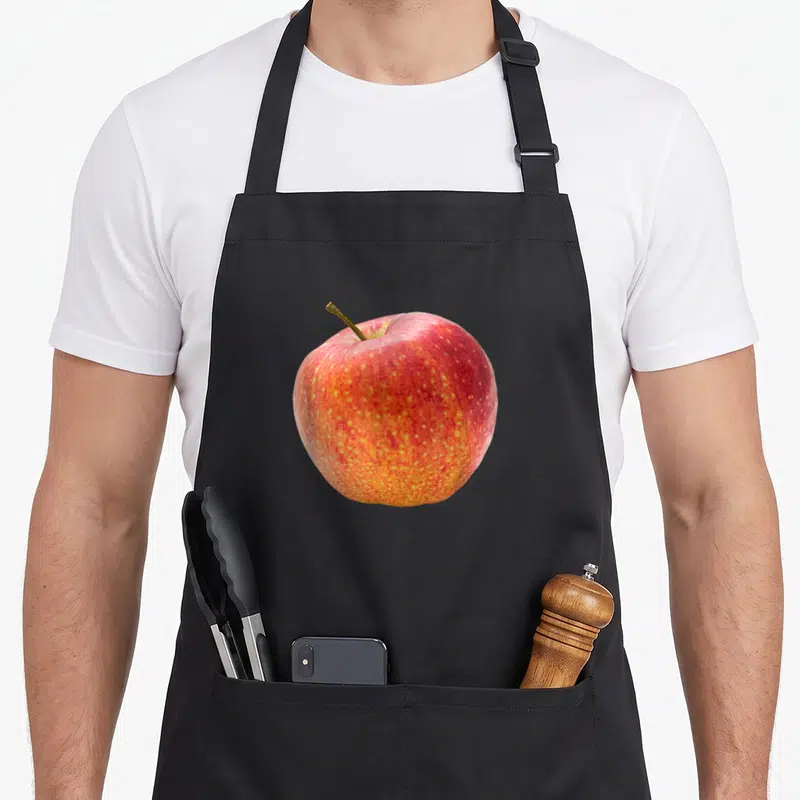Tablier de cuisine noir avec une grande pomme rouge et jaune imprimée au centre, réalistes sur la peau du fruit.
