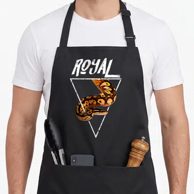 Tablier de cuisine noir avec illustration de python royal et mot ROYAL dans un triangle blanc.