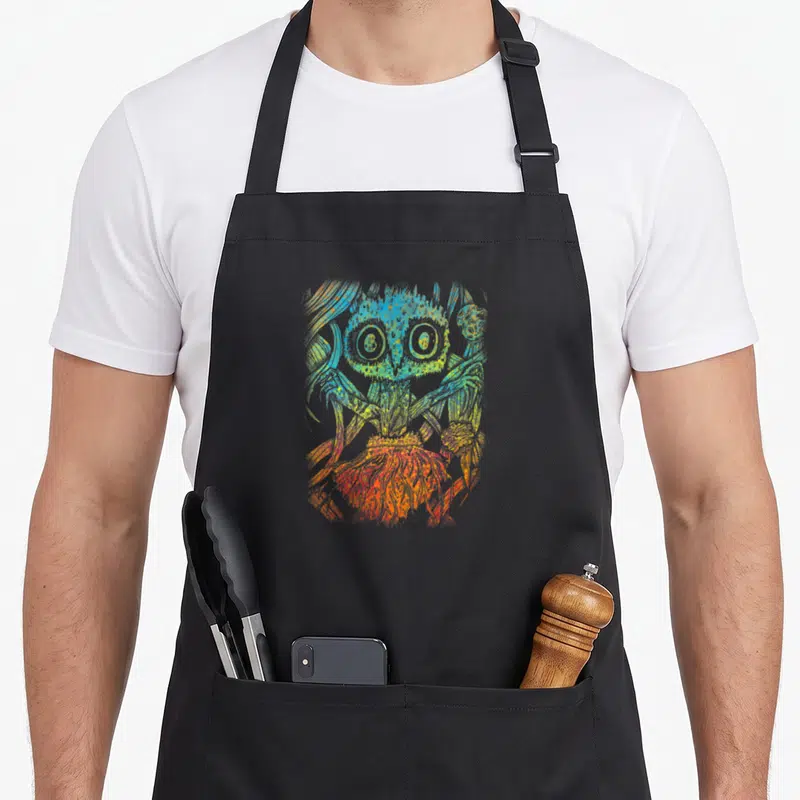 Tablier de cuisine noir avec illustration d'araignée psychédélique aux couleurs dégradées et grands yeux circulaires.