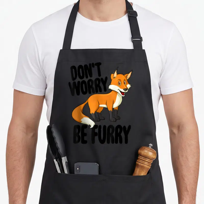 Tablier de cuisine noir avec illustration d'un renard orange et texte Don't Worry Be Furry en lettres noires.