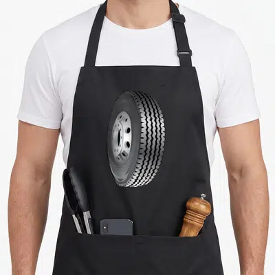 Tablier de cuisine noir avec une grande roue de véhicule heavy weight imprimée au centre du vêtement.