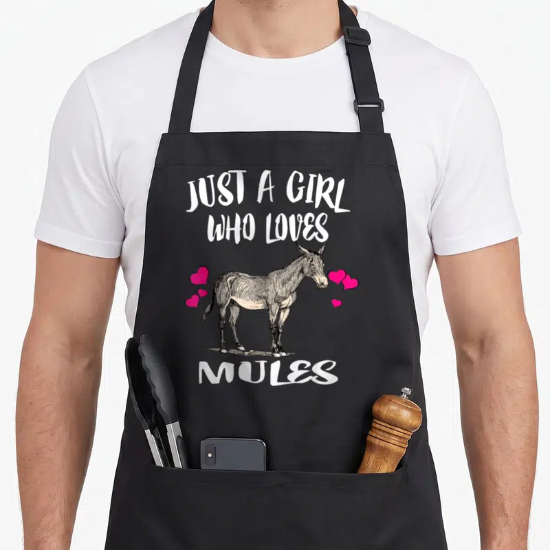 Tablier de cuisine noir avec illustration d'un mulet, cœurs roses et texte Just A Girl Who Loves Mules Animal