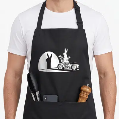 Tablier de cuisine noir avec illustration d'un lapin sur moto projetant une ombre en signe de paix.
