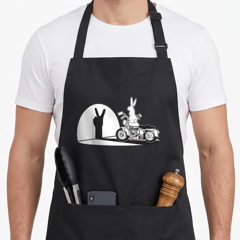 Tablier de cuisine noir avec illustration d'un lapin sur moto projetant une ombre en signe de paix.