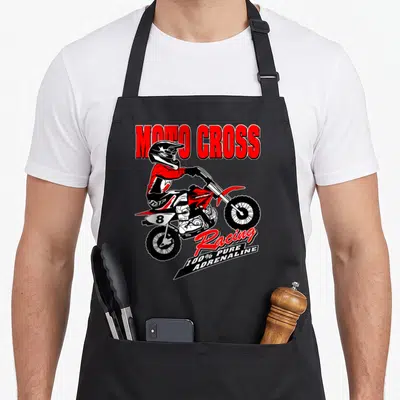 Tablier de cuisine noir avec illustration pilote motocross rouge numéro 8 et texte Moto Cross Racing 100% Pure Adrenaline