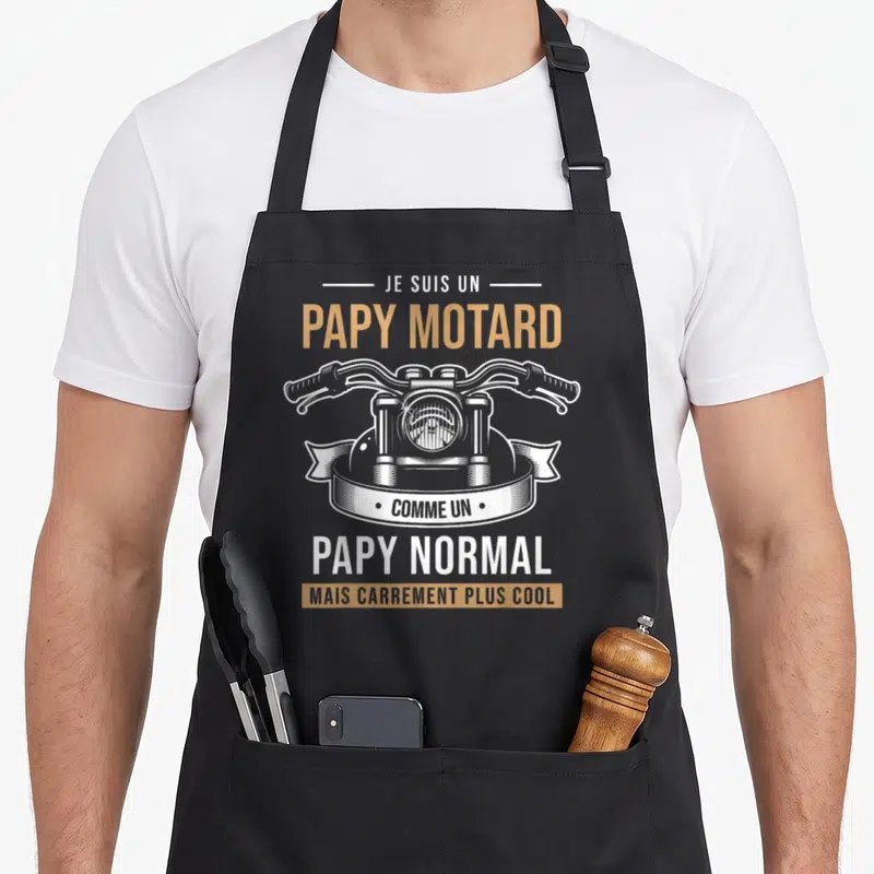 Tablier de cuisine noir avec illustration de guidon et texte Je suis un papy motard comme un papy normal mais carrement plus cool