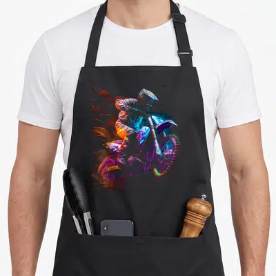 Tablier de cuisine noir avec illustration colorée d'un pilote de dirt bike en mouvement dynamique.