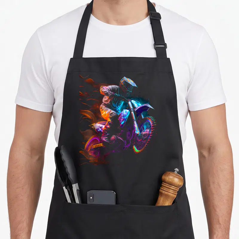 Tablier de cuisine noir avec illustration colorée d'un pilote de dirt bike en mouvement dynamique.