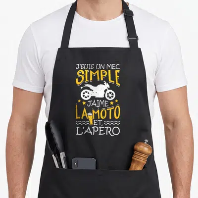 Tablier de cuisine noir avec inscription jaune et blanche sur le thème de la moto et de la bière.