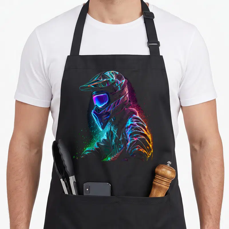 Tablier de cuisine noir avec illustration colorée d'un casque de motocross aux reflets néon et visière lumineuse.