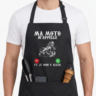 Tablier de cuisine noir avec illustration motard blanc et texte Ma Moto m'appelle et je dois y aller