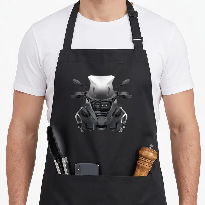 Tablier de cuisine noir avec illustration frontale d'une moto R1200GS Enduro aux détails techniques.