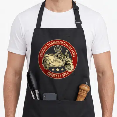 Tablier de cuisine noir avec un logo circulaire rouge et beige illustrant une moto Ural avec side-car et des textes en alphabet cyrillique.
