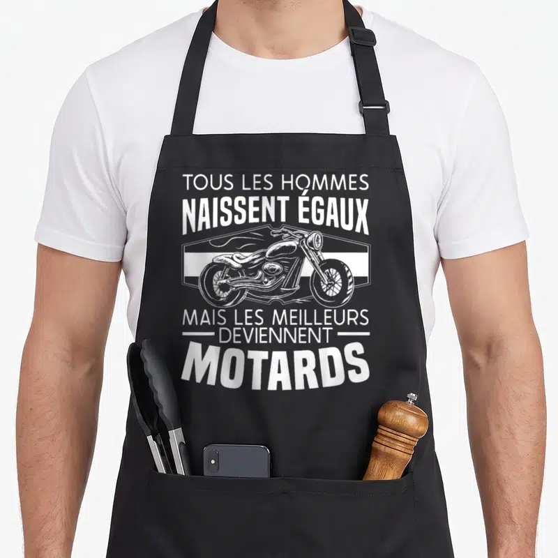 Tablier de cuisine noir avec inscription blanche et illustration de moto chopper au style vintage.