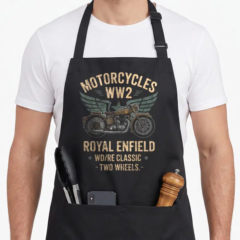 Tablier de cuisine noir avec illustration vintage d'une Royal Enfield et texte Motorcycles WW2