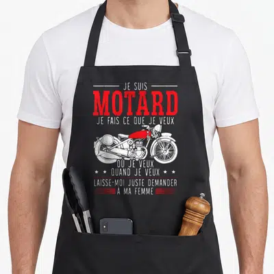Tablier de cuisine noir avec inscription Je suis motard et dessin de moto rouge et blanche au style vintage.