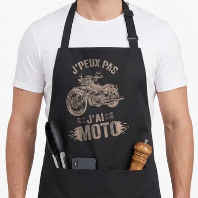 Tablier de cuisine noir avec illustration vintage d'une moto et texte J'peux pas j'ai moto en beige