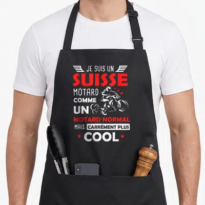 Tablier de cuisine noir avec inscription Je suis un Suisse motard comme un normal mais carrément plus cool et silhouette de moto.