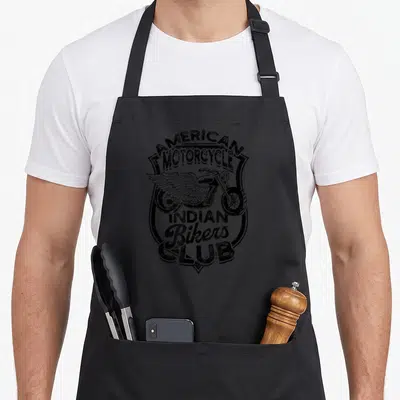 Tablier de cuisine noir avec logo American Motorcycle Indian Bikers Club et moto ailée vintage