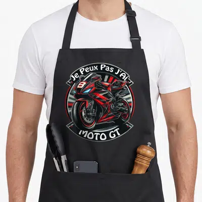 Tablier de cuisine noir avec insJe Peux Pas J'Ai Moto GT et illustration de sportive rouge.