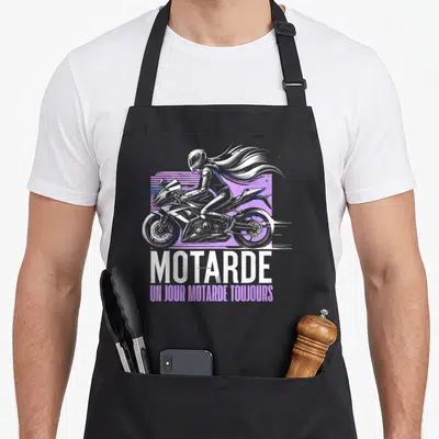 Tablier de cuisine noir avec une illustration de motarde sur sport et le texte Motarde un jour motarde toujours en blanc et violet.