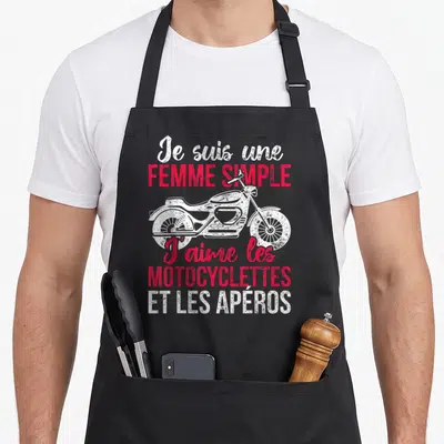Tablier de cuisine noir avec illustration de moto vintage et texte blanc rose Je suis une femme simple j'aime les motocyclettes et les apéros