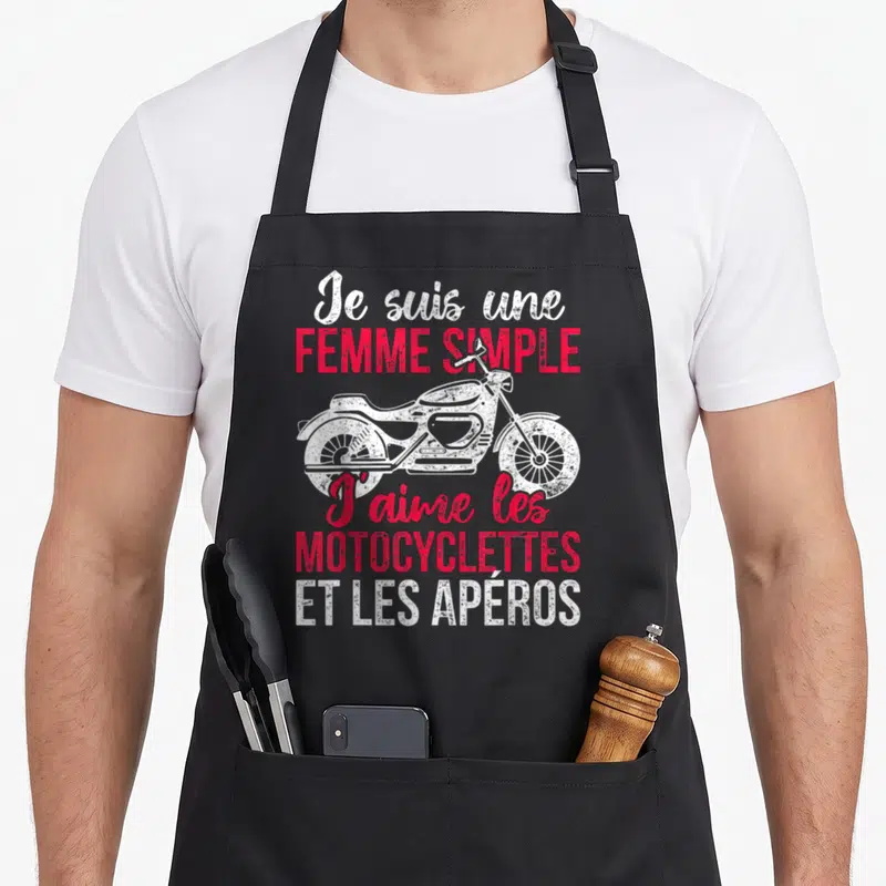 Tablier de cuisine noir avec illustration de moto vintage et texte blanc rose Je suis une femme simple j'aime les motocyclettes et les apéros