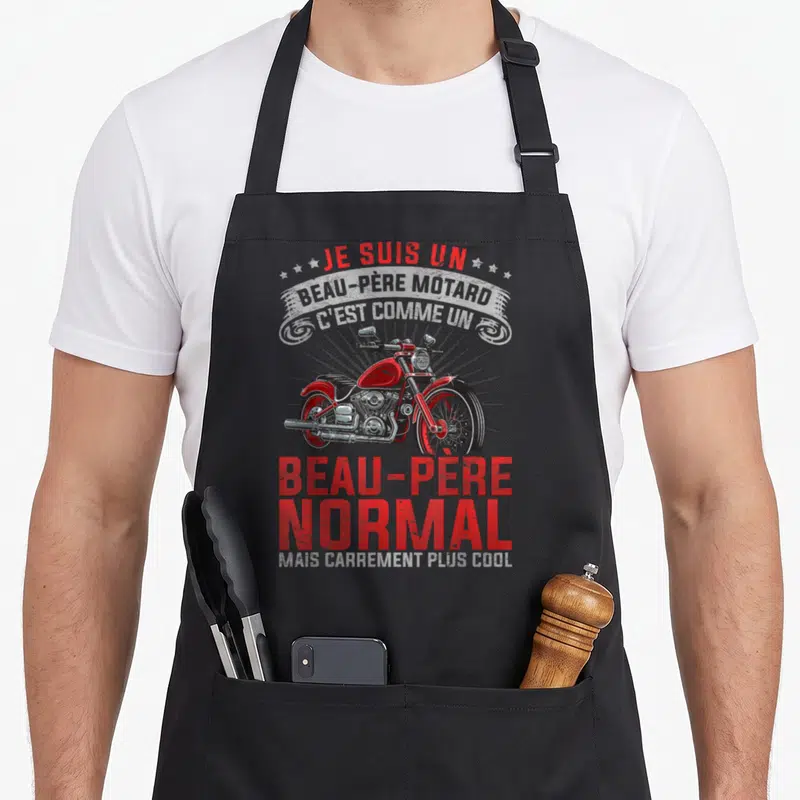 Tablier de cuisine noir avec illustration moto vintage rouge et texte Je suis un beau-père motard mais carrément plus cool.